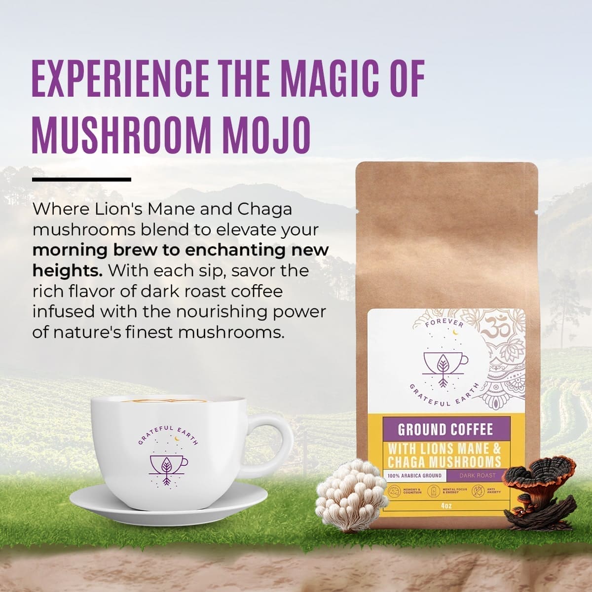 "Mushroom Mojo" - The Magical Blend of Lion's Mane & Chaga Coffee Fusion - 16oz