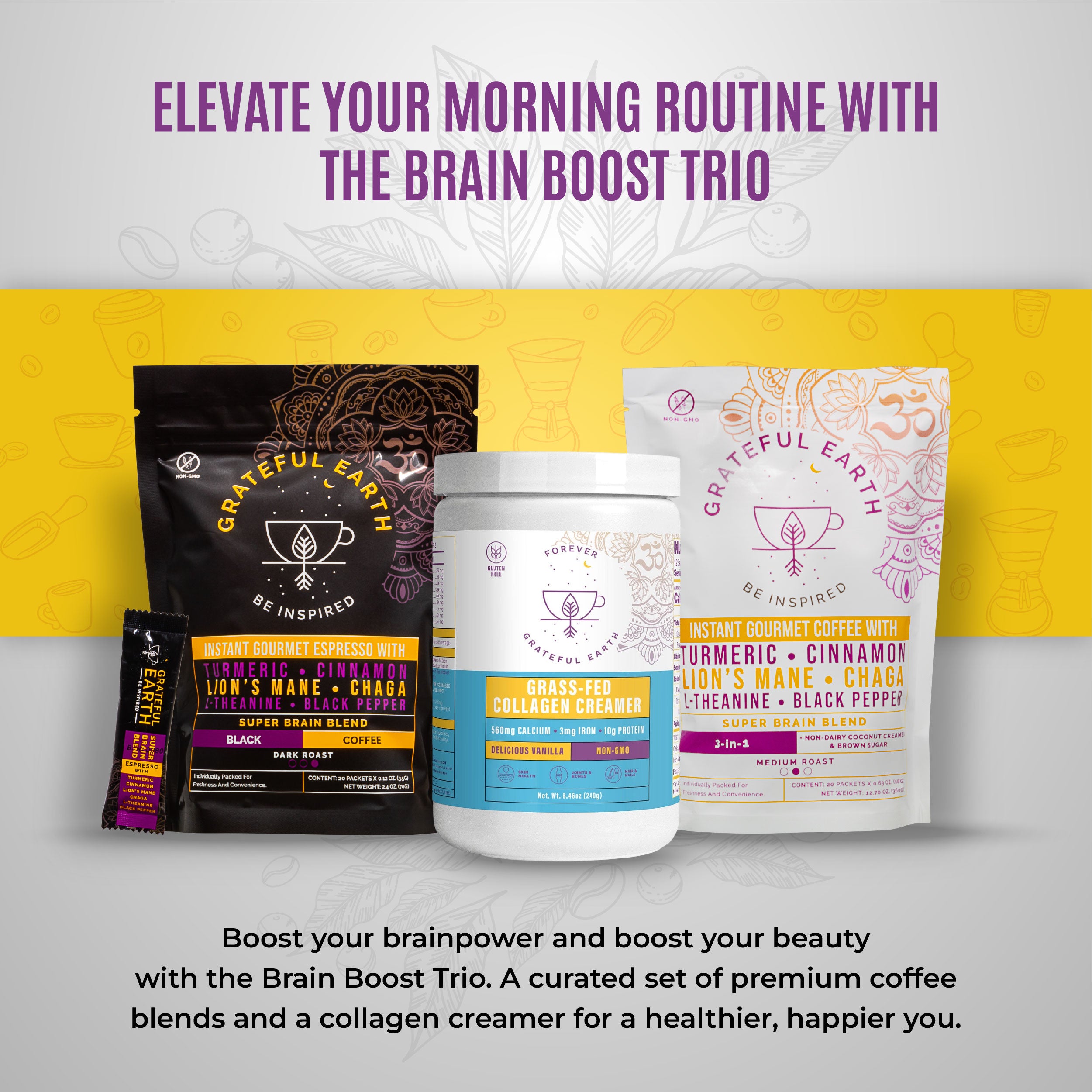 Grateful Earth Brain Boost Trio with dark roast, medium roast coffee blends, and grass-fed collagen creamer for enhanced brainpower and beauty.