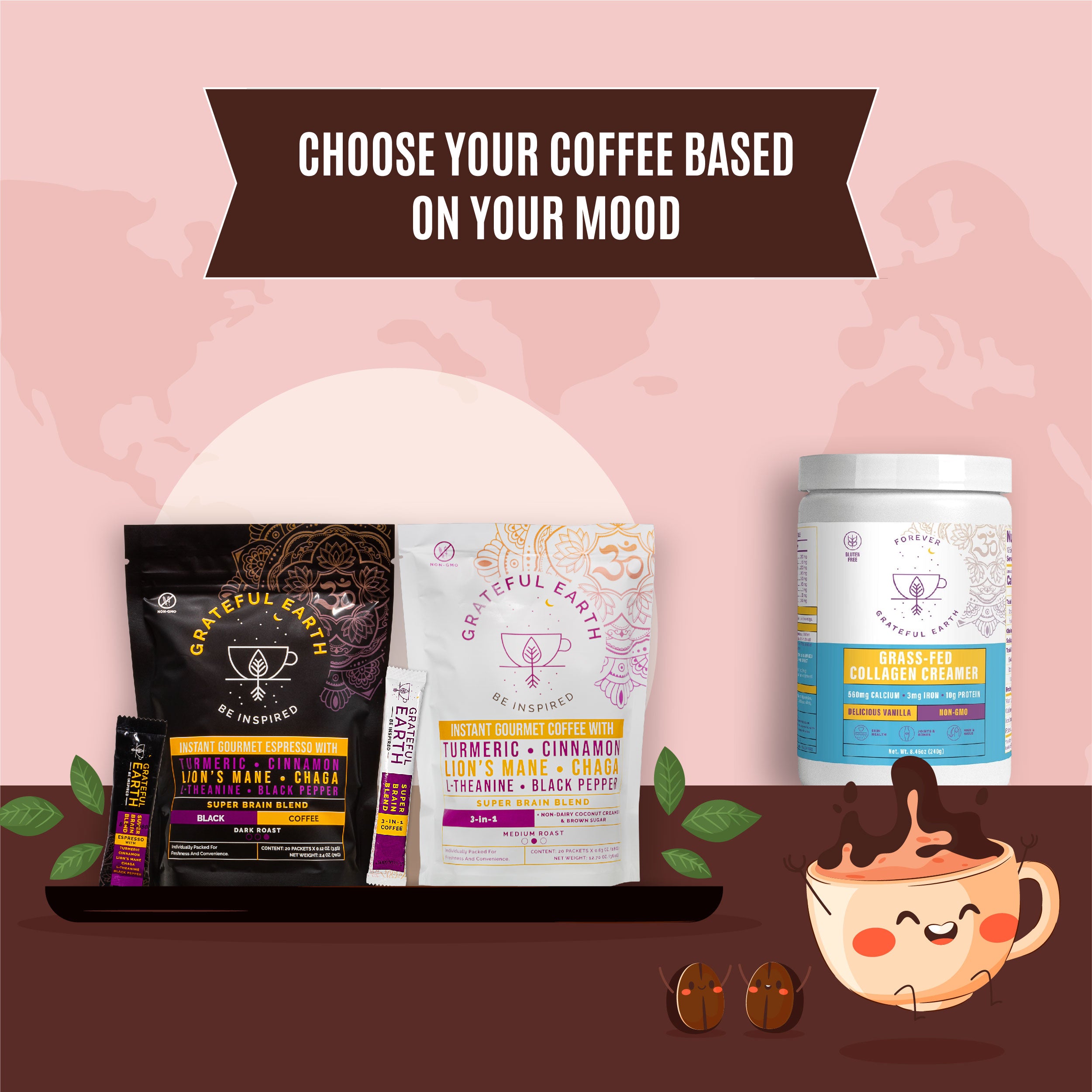 Grateful Earth coffee products with the tagline 'Choose Your Coffee Based on Your Mood,' featuring dark roast, medium roast coffee blends, and a grass-fed collagen creamer.