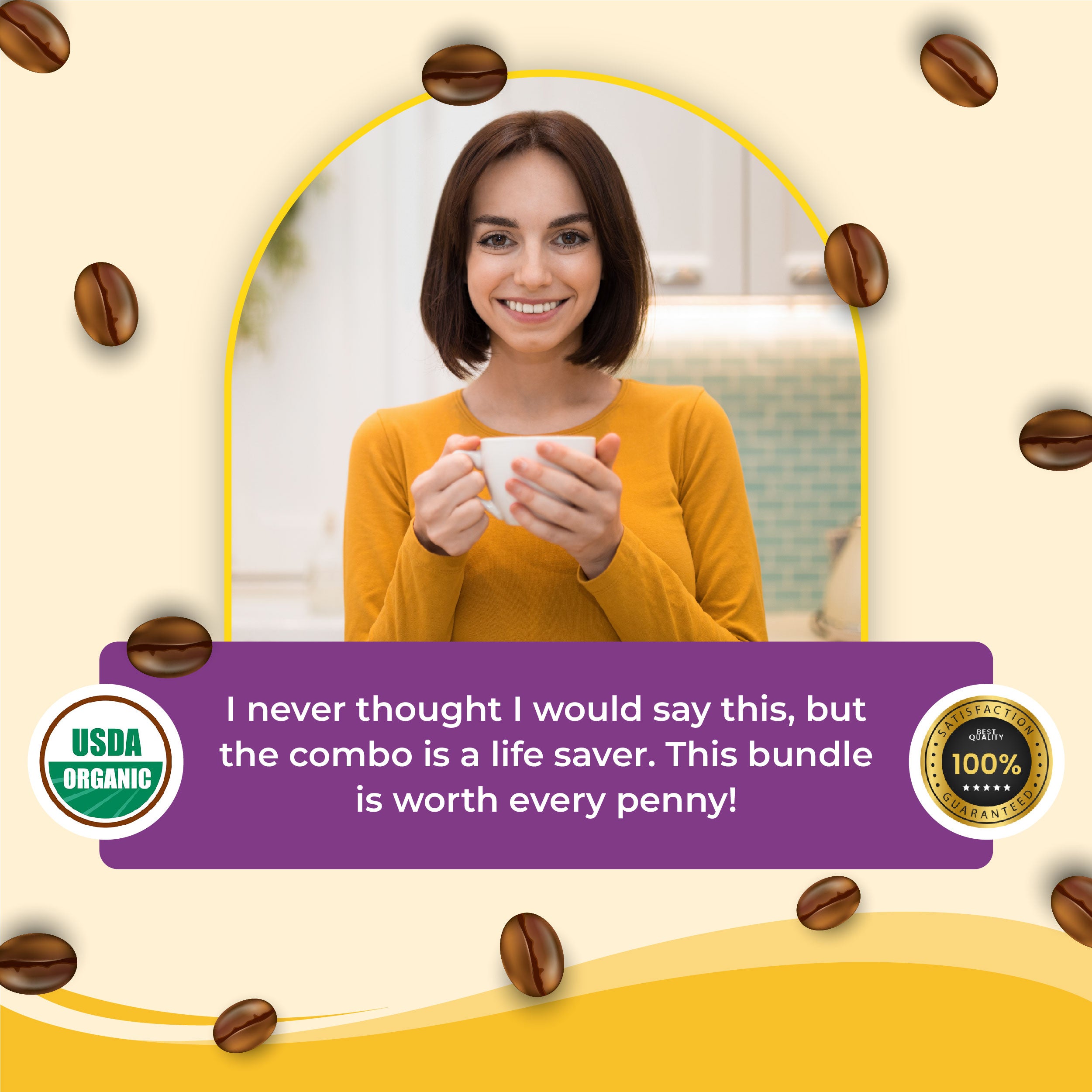 Customer enjoying Grateful Earth's coffee bundle, praising its value and flavor, with USDA Organic certification and satisfaction guarantee badges, set in a bright, cozy kitchen.