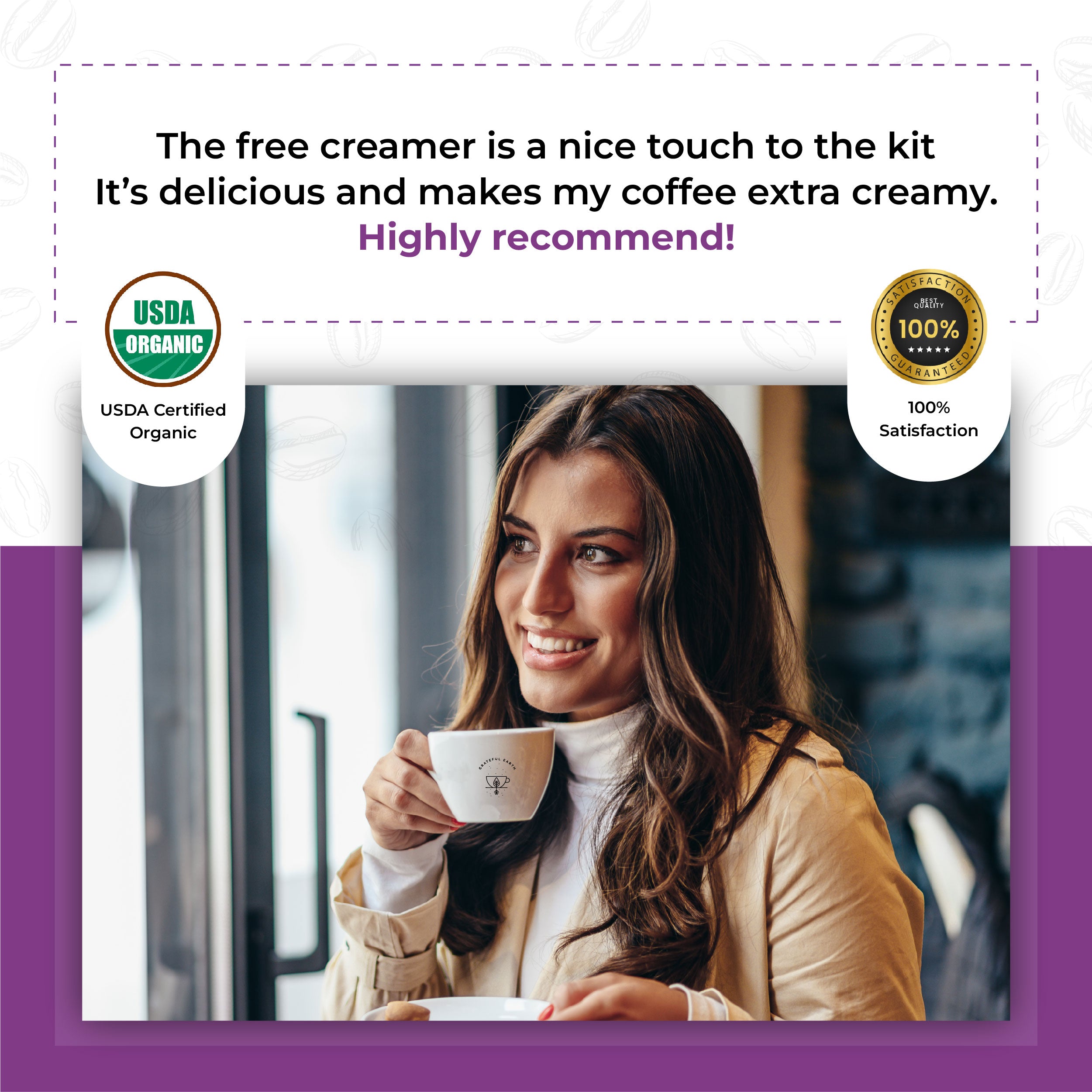 Customer enjoying Grateful Earth's coffee with a review praising the free collagen creamer, highlighting its creaminess and USDA Organic certification.