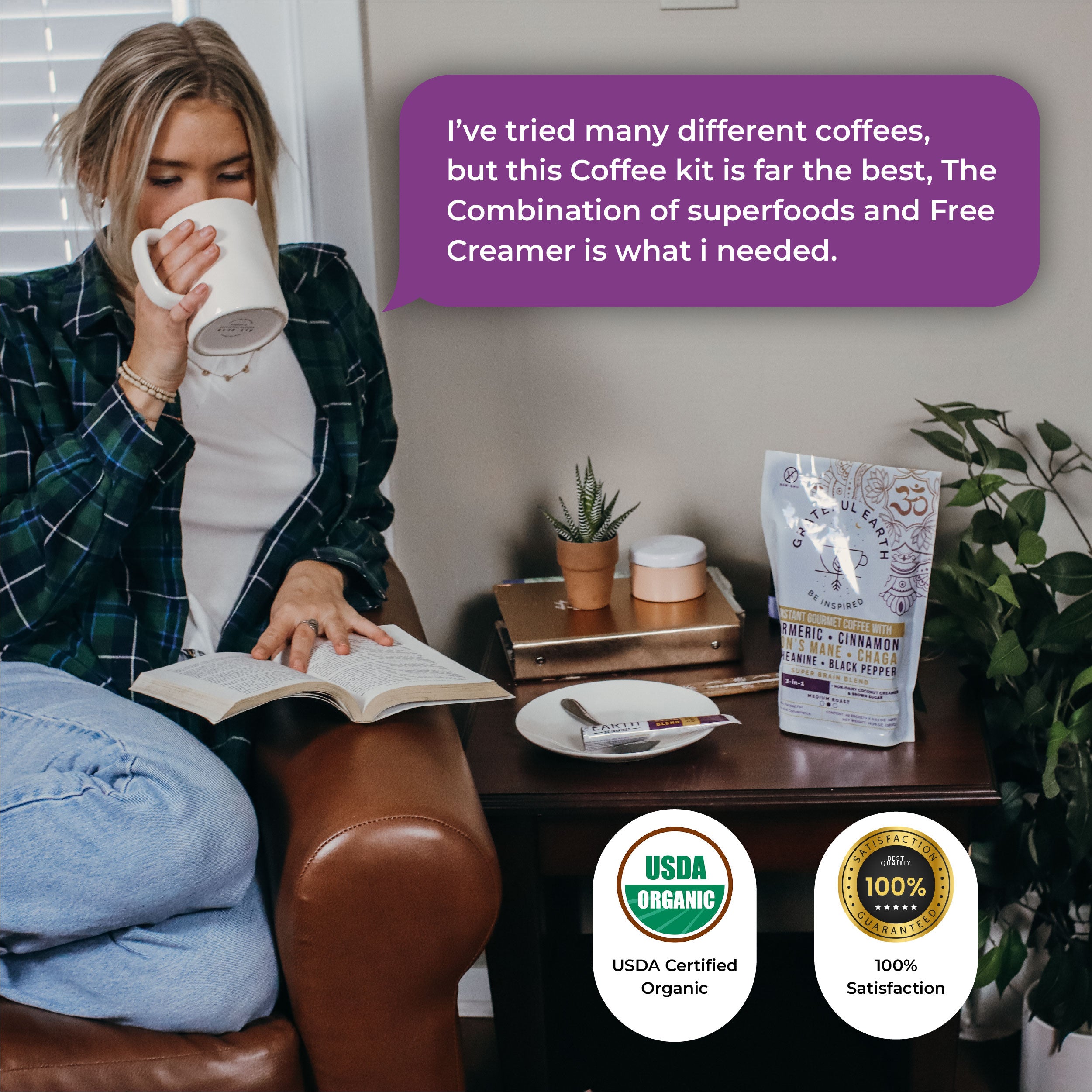 Customer testimonial for Grateful Earth's Superfood Coffee Kit, praising the combination of superfoods and free creamer, set in a cozy reading nook with USDA Organic certification.