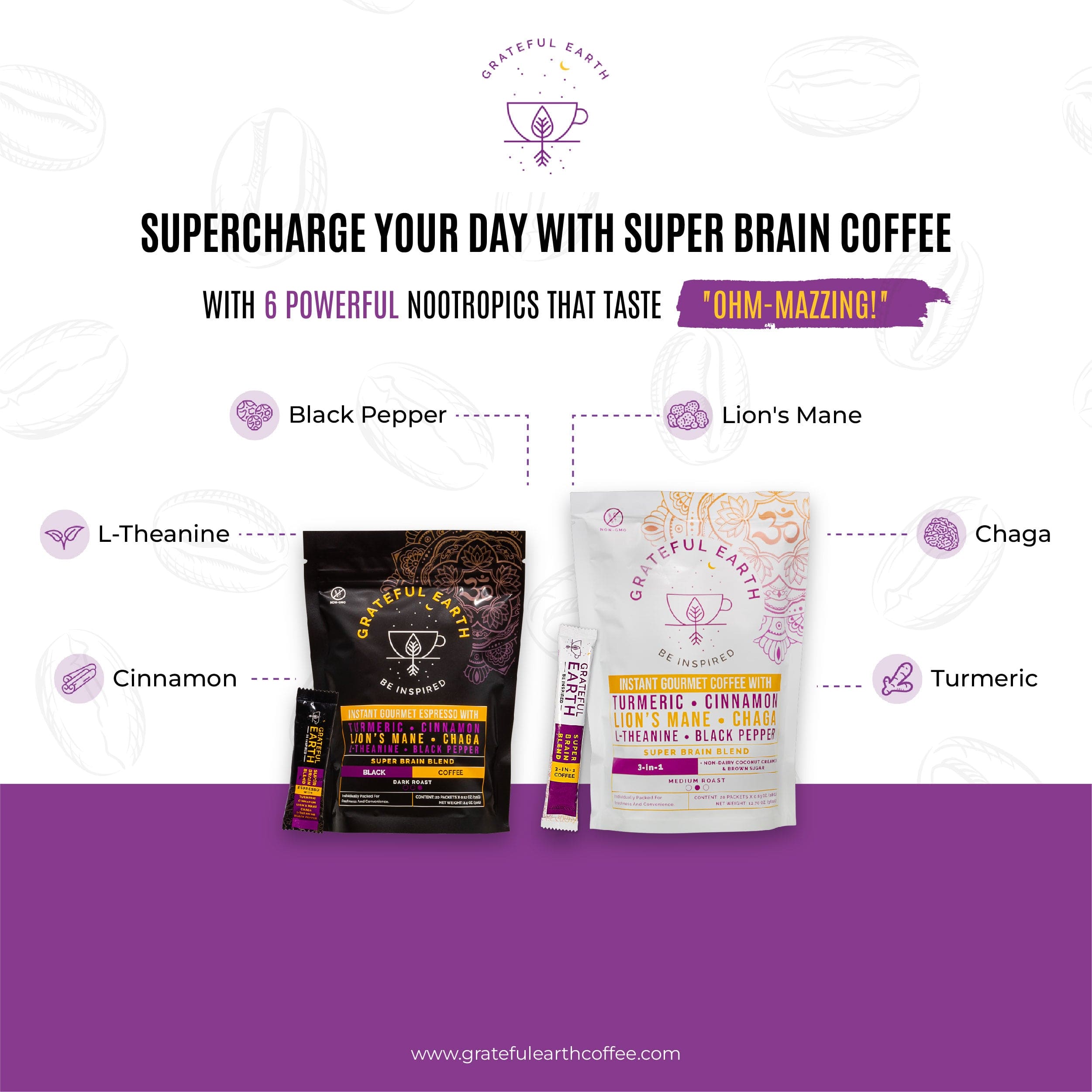 MIX BUNDLE | Two Super Brain Coffees | 3-in-1 Medium & Dark Roast | 6 Nootropics
