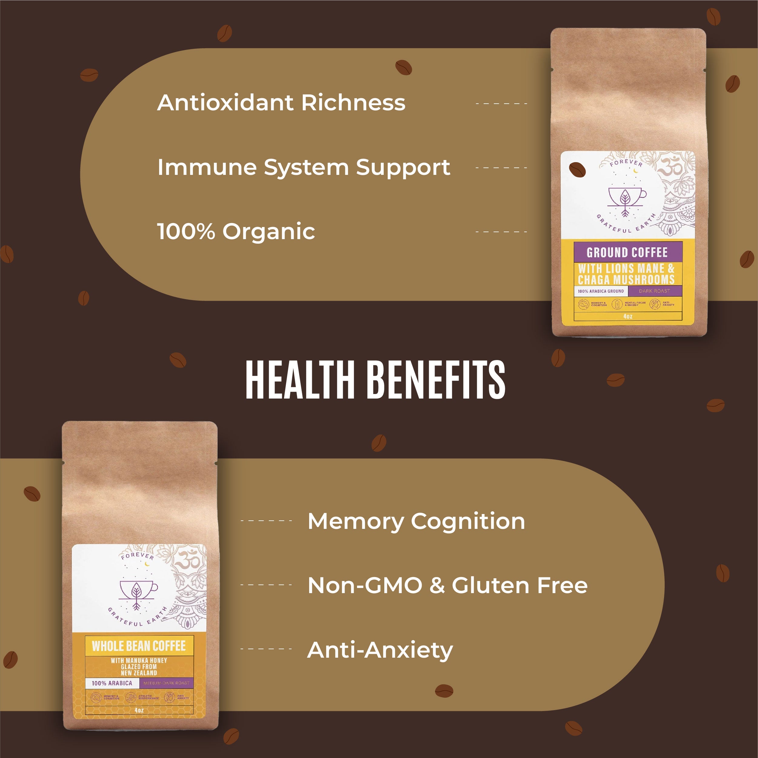 Health benefits of Grateful Earth's Whole Bean and Ground Coffee, highlighting antioxidant richness, immune system support, and memory cognition, on a coffee-themed brown background.