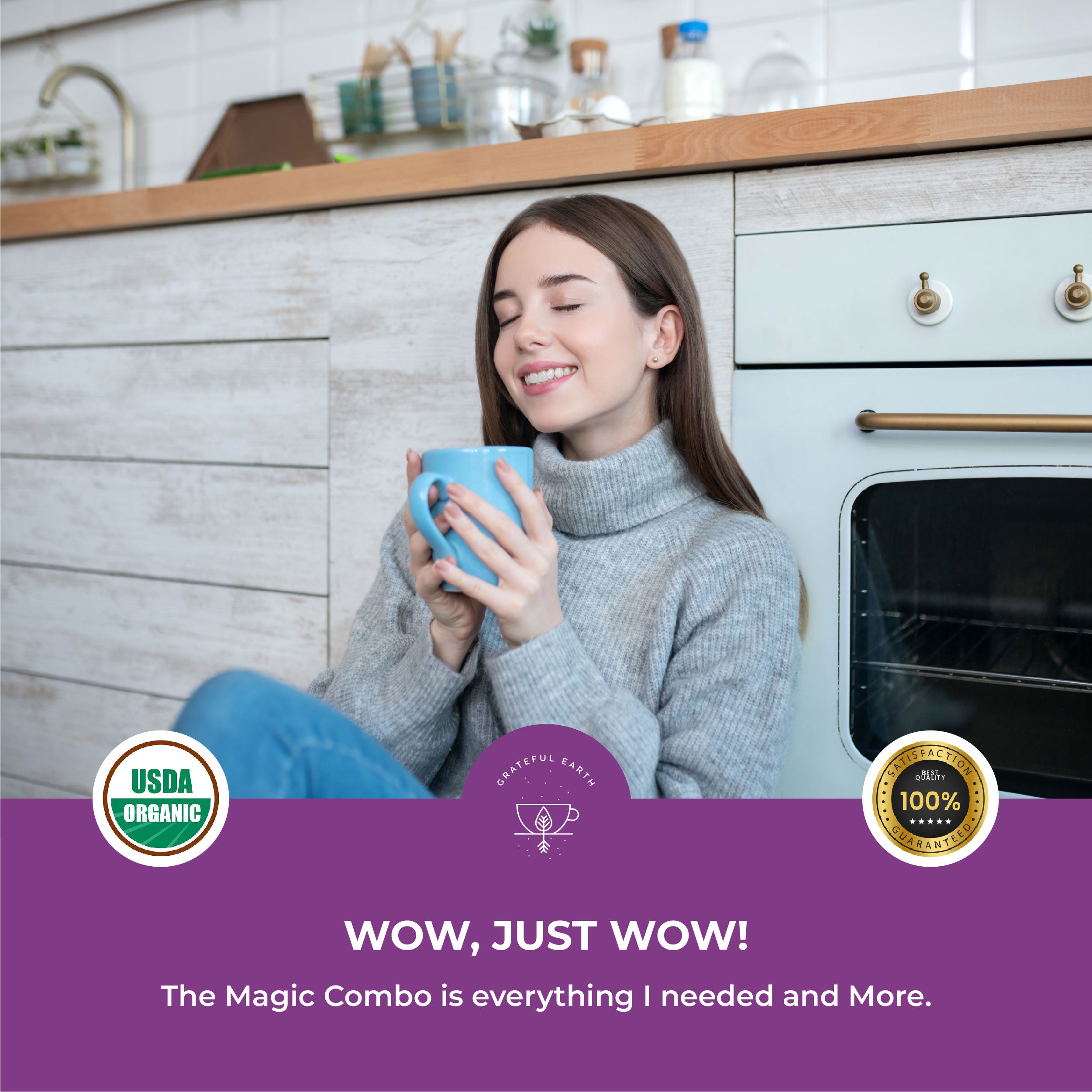 Customer enjoying Grateful Earth Magic Combo coffee with a testimonial about its quality, set in a cozy kitchen environment with USDA Organic and satisfaction guarantee badges.