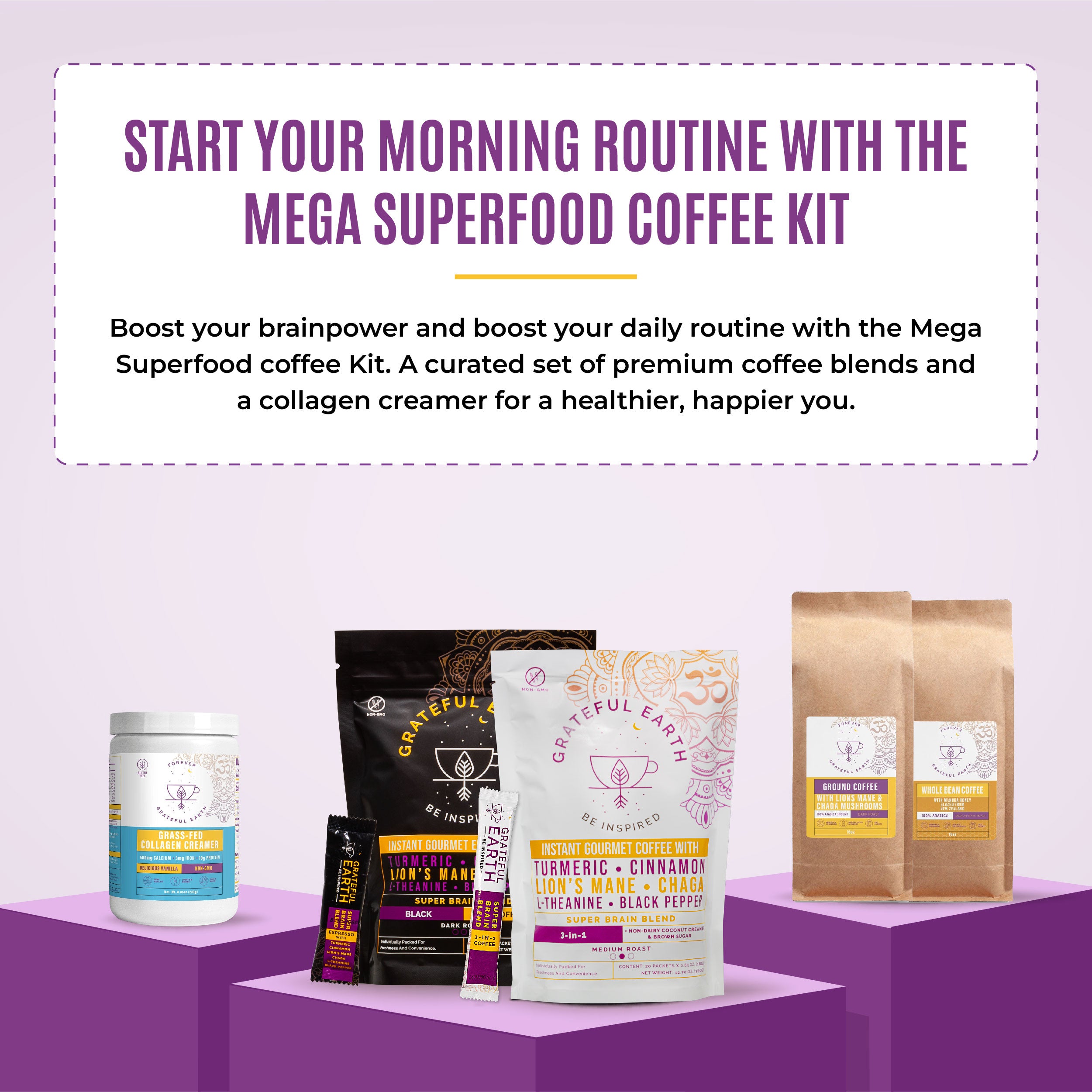 Start your morning routine with Grateful Earth's Mega Superfood Coffee Kit, including coffee blends and collagen creamer for a healthier, happier day.