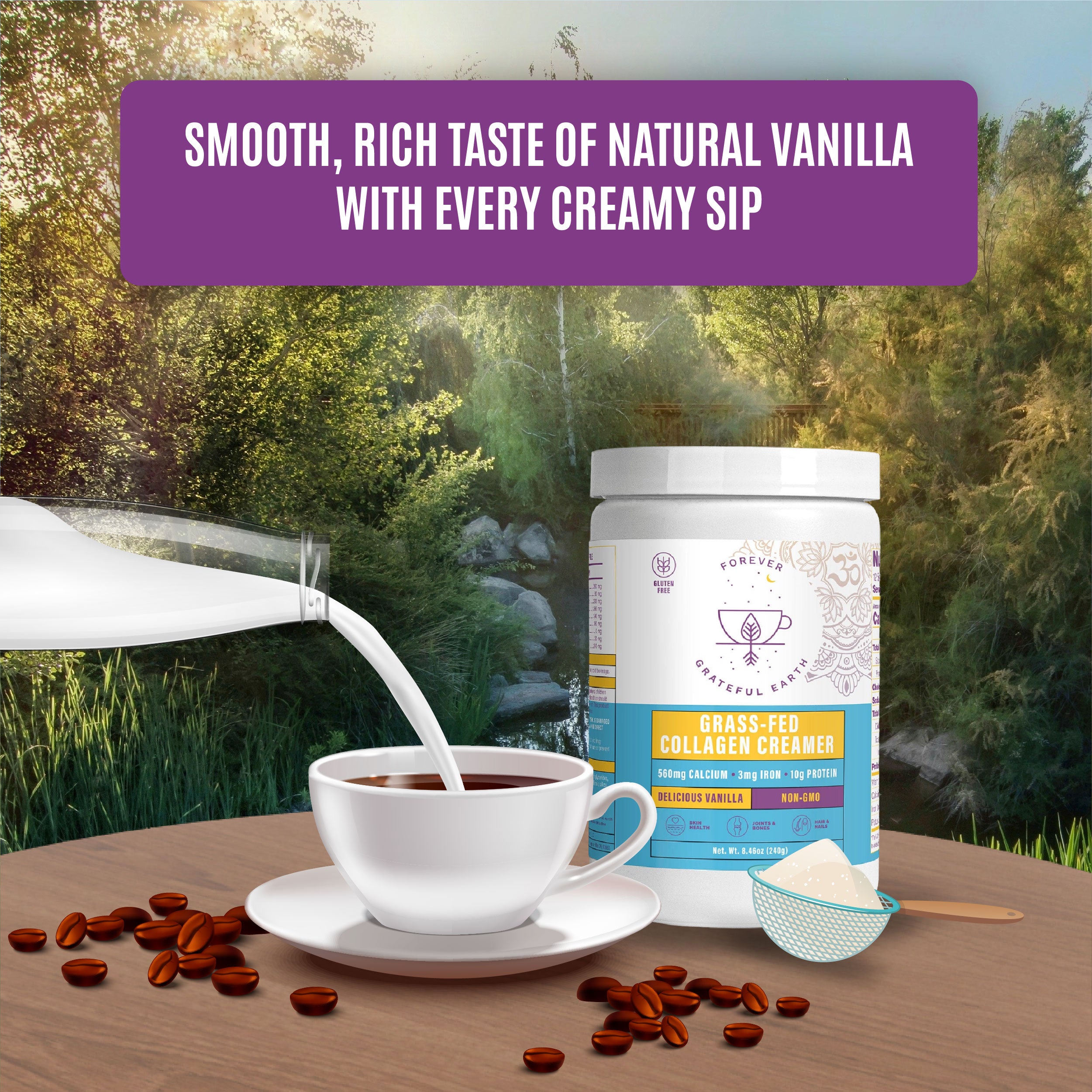 Grass-fed collagen creamer with a smooth, rich vanilla flavor, shown with coffee and milk being poured, set in a natural outdoor background.