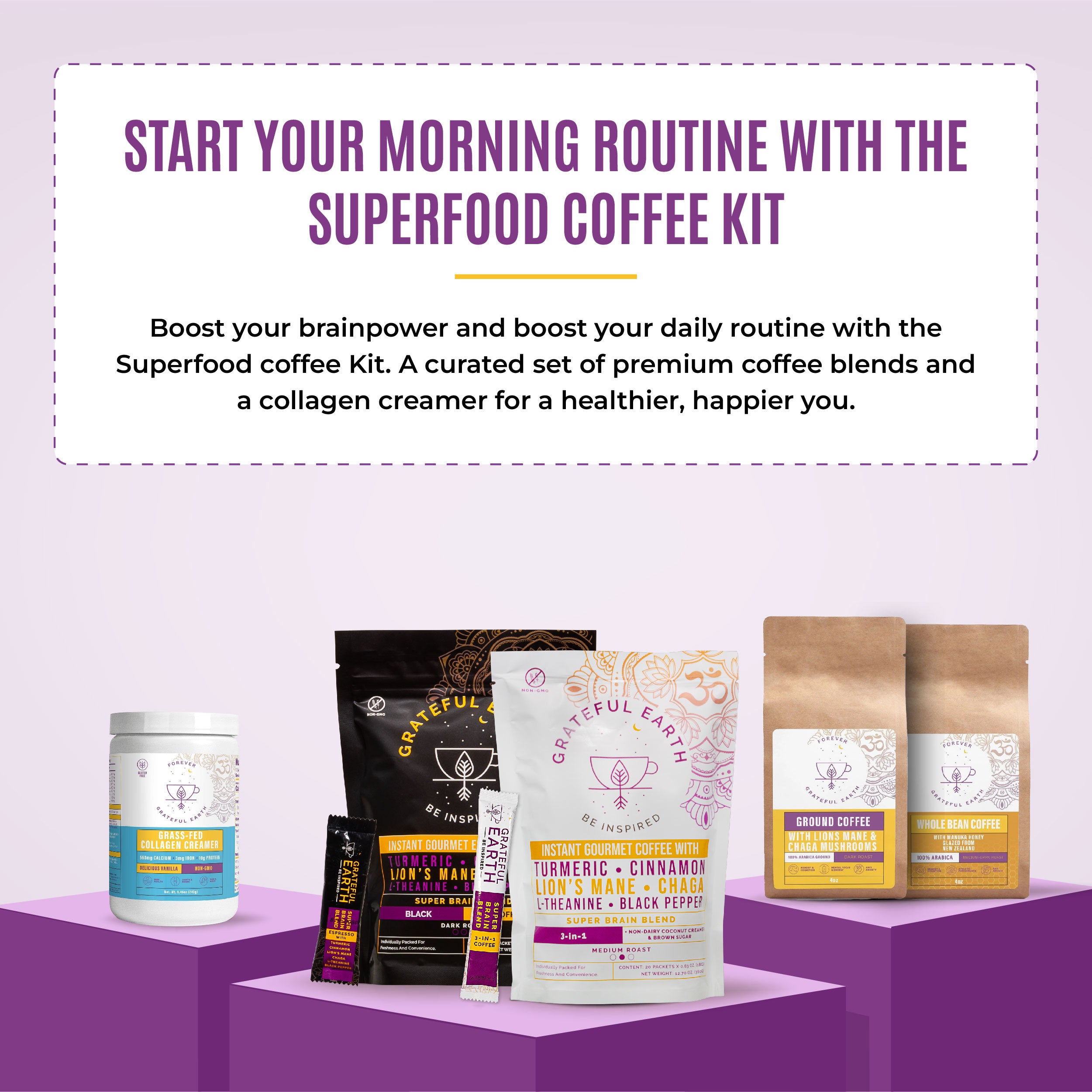 Start your morning routine with Grateful Earth's Superfood Coffee Kit, featuring dark roast, medium roast coffee blends, ground coffee, and collagen creamer for a healthier lifestyle.